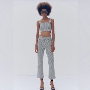 ZARA Women’s Blue & White Striped Flare Cropped Jeans